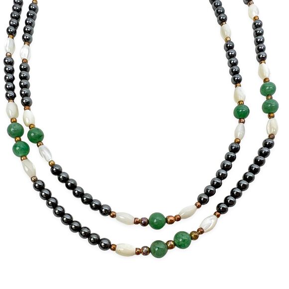 Beaded Necklace Oval White Mother of Pearl Round Green And Shiny Gunmetal Collar - Picture 2 of 9